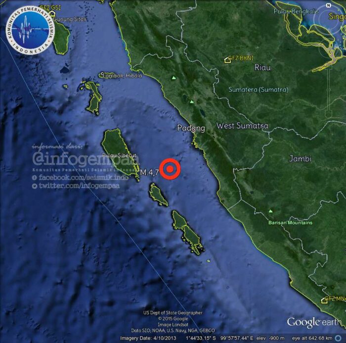 Gempa berkekuatan 4,7 Skala Richter mengguncang sebagian wilayah Sumatera Barat pada rabu malam (1/4) sekitar pukul 23.21 WIB.