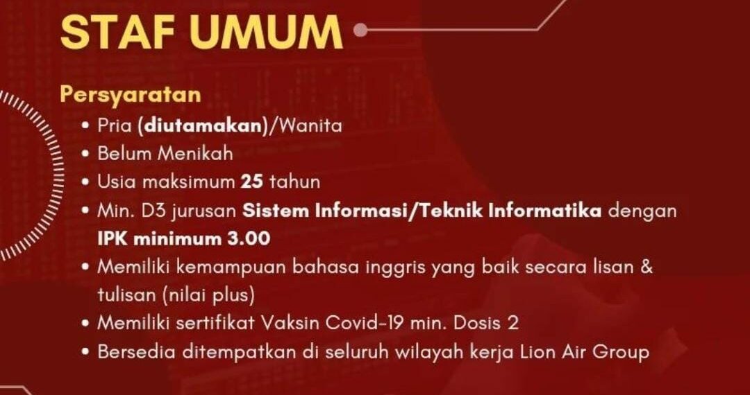 Lowongan Kerja Lion Air Group Posisi Staf Umum, Berikut Kualifikasinya